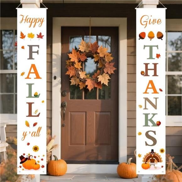 Fall Decorations for Home | Happy Fall & Give Thanks Porch Banners - Picture 1 of 7
